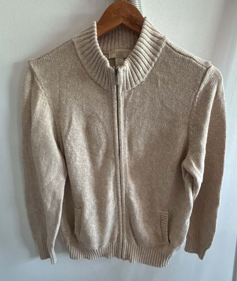 Appleseeds Petites Beige Full Zip Cotton Mock Neck Sweater Size PL